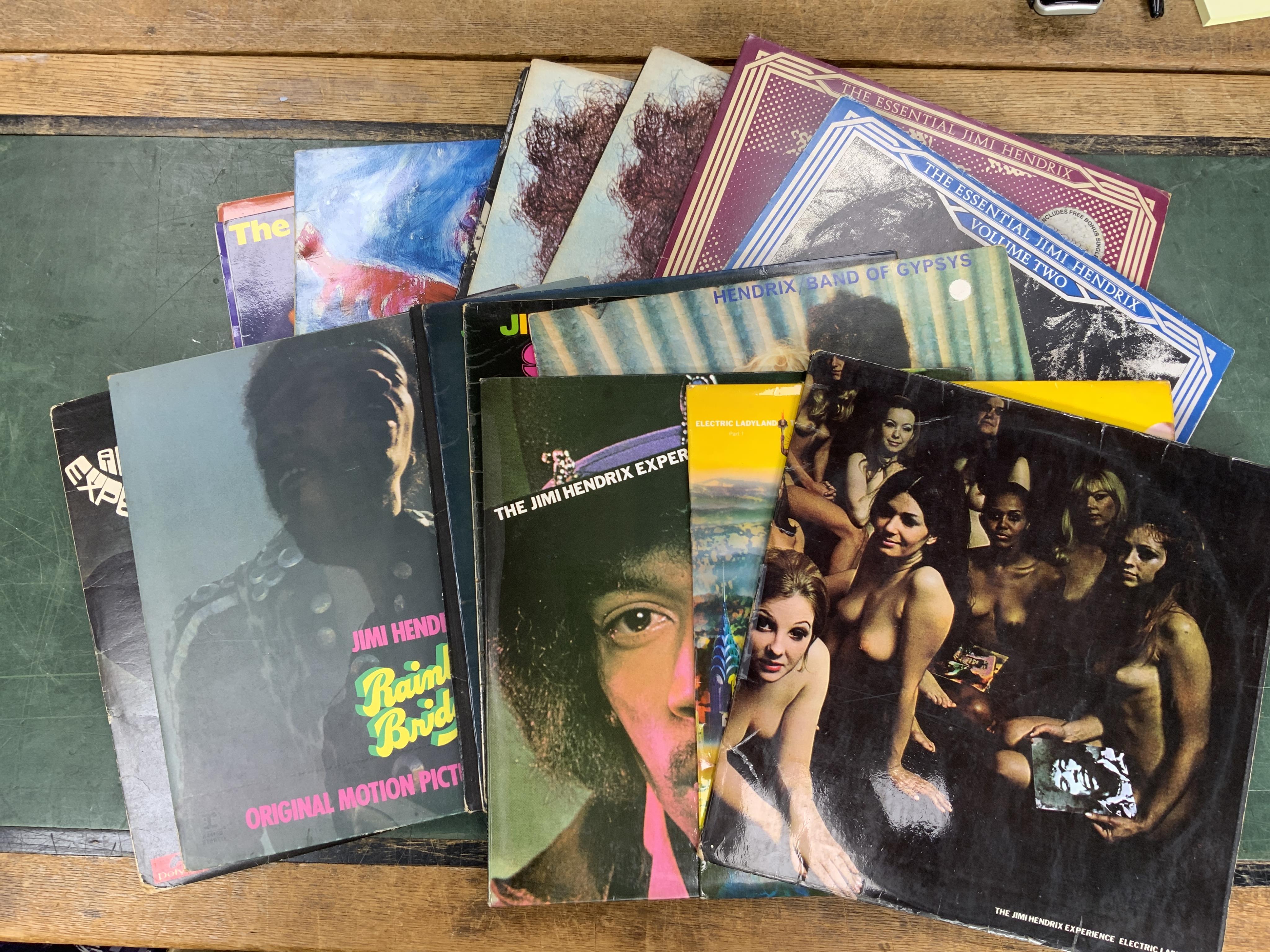 Eighteen Jimi Hendrix LP record albums including; Electric Ladyland, Band of Gypsies, Smash Hits, The Cry of Love, Live Experience, Isle of Wight, etc. plus duplicates. Condition - fair